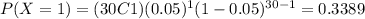 P(X=1) = (30C1) (0.05)^1 (1-0.05)^{30-1} = 0.3389