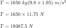 T=1650\ kg(9.8+1.95)\ m/s^2\\\\T=1650\times11.75\ N\\\\T=19387.5\ N