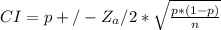 CI = p +/- Z_a/2 * \sqrt{\frac{p*(1-p)}{n} }