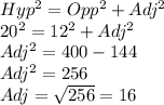 Hyp^2=Opp^2+Adj^2\\20^2=12^2+Adj^2\\Adj^2=400-144\\Adj^2=256\\Adj=\sqrt{256}=16