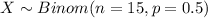 X \sim Binom(n=15, p=0.5)
