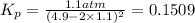 K_p=\frac{1.1 atm}{(4.9-2\times 1.1)^2}=0.1509