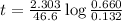 t=\frac{2.303}{46.6}\log\frac{0.660}{0.132}