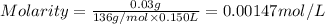 Molarity=\frac{0.03 g}{136 g/mol\times 0.150 L}=0.00147 mol/L