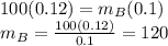 100(0.12)=m_{B}(0.1)\\m_{B}=\frac{100(0.12)}{0.1} =120