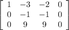 \left[\begin{array}{cccc}1&-3&-2&0\\0&-1&-1&0\\0&9&9&0\end{array}\right]