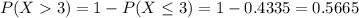 P(X  3) = 1 - P(X \leq 3) = 1 - 0.4335 = 0.5665
