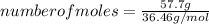 number of moles =\frac{57.7g}{36.46g/mol}