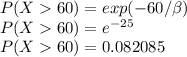 P(X60) = exp (-60/ \beta)\\P(X60) = e^{-25}\\P(X60) = 0.082085