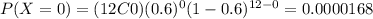 P(X=0)=(12C0)(0.6)^0 (1-0.6)^{12-0}=0.0000168