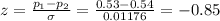z=\frac{p_1-p_2}{\sigma}=\frac{0.53-0.54}{0.01176}=-0.85
