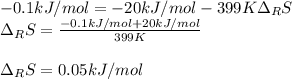 -0.1kJ/mol=-20kJ/mol-399K\Delta _RS\\\Delta _RS=\frac{-0.1kJ/mol+20kJ/mol}{399K} \\\\\Delta _RS=0.05kJ/mol