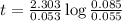 t=\frac{2.303}{0.053}\log\frac{0.085}{0.055}