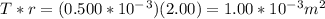 T*r = (0.500*10^-^3)(2.00)= 1.00*10^-^3m^2