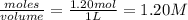 \frac{moles}{volume}=\frac{1.20mol}{1L}=1.20M