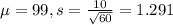 \mu = 99, s = \frac{10}{\sqrt{60}} = 1.291