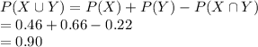 P(X\cup Y)=P(X)+P(Y)-P(X\cap Y)\\=0.46+0.66-0.22\\=0.90