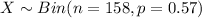 X \sim Bin (n = 158, p =0.57)