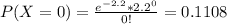P(X=0) = \frac{e^{-2.2} * {2.2}^0 }{0!} = 0.1108