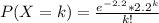 P(X=k) = \frac{e^{-2.2} * {2.2}^k }{k!}
