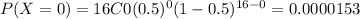 P(X=0) = 16C0 (0.5)^0 (1-0.5)^{16-0} = 0.0000153
