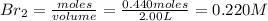 Br_2=\frac{moles}{volume}=\frac{0.440moles}{2.00L}=0.220M