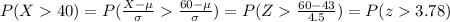 P(X40)=P(\frac{X-\mu}{\sigma}\frac{60-\mu}{\sigma})=P(Z\frac{60-43}{4.5})=P(z3.78)