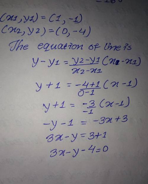 Write an equation for the line that passes through (1, -1) and (0, -4).