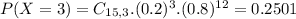 P(X = 3) = C_{15,3}.(0.2)^{3}.(0.8)^{12} = 0.2501