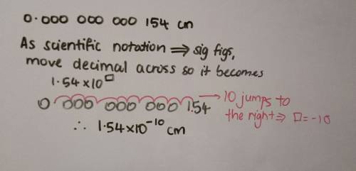 The diameter of a carbon atom is 0.000 000 000 154 cm what is the number expressed in scientific not