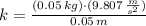 k = \frac{(0.05\,kg)\cdot (9.807\,\frac{m}{s^{2}} )}{0.05\,m}