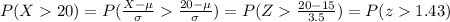 P(X20)=P(\frac{X-\mu}{\sigma}\frac{20-\mu}{\sigma})=P(Z\frac{20-15}{3.5})=P(z1.43)