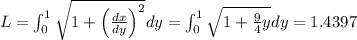 L=\int_{0}^{1} \sqrt{1+\left(\frac{d x}{d y}\right)^{2}} d y=\int_{0}^{1} \sqrt{1+\frac{9}{4} y}  d y=1.4397