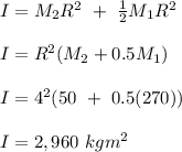 I = M_2R^2 \ + \ \frac{1}{2} M_1R^2\\\\I = R^2 (M_2+ 0.5M_1)\\\\I = 4^2(50 \ + \ 0.5(270))\\\\I = 2,960\ kgm^2