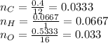 n_C=\frac{0.4}{12}=0.0333 \\n_H=\frac{0.0667}{1}=0.0667\\ n_O=\frac{0.5333}{16}=0.033