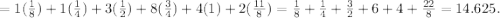 = 1(\frac{1}{8}) + 1(\frac{1}{4}) + 3(\frac{1}{2}) + 8(\frac{3}{4}) + 4(1) + 2 (\frac{11}{8}) = \frac{1}{8} + \frac{1}{4} + \frac{3}{2} + 6 + 4 + \frac{22}{8}  = 14.625.