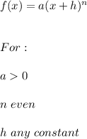 f(x)=a(x+h)^n \\ \\ \\ For: \\ \\ a0 \\ \\ n \ even \\ \\ h \ any \ constant