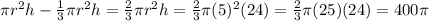 \pi r^2 h - \frac{1}{3} \pi r^2 h = \frac{2}{3} \pi r^2 h = \frac{2}{3} \pi (5)^2 (24) = \frac{2}{3} \pi (25)(24) = 400 \pi
