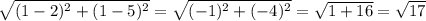 \sqrt{(1-2)^{2} + (1-5)^{2}  } = \sqrt{(-1)^{2}+(-4)^{2}  } = \sqrt{1+16}=\sqrt{17}