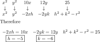 \begin{array}{cccccc}x^2&y^2&10x&12y&25\\\downarrow&\downarrow&\downarrow&\downarrow&\downarrow\\x^2&y^2&-2xh&-2yk&h^2+k^2-r^2\end{array}\\\\\text{Therefore}\\\\\begin{array}{ccc}-2xh=10x&-2yk=12y&h^2+k^2-r^2=25\\\boxed{h=-5}&\boxed{k=-6}\end{array}