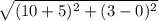 \sqrt{(10+5)^{2} + (3-0)^{2}  }