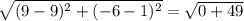 \sqrt{(9-9)^{2}+(-6-1)^{2}}=\sqrt{0+49}