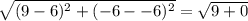\sqrt{(9-6)^{2}+(-6--6)^{2}}=\sqrt{9+0}