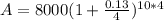 A=8000(1+\frac{0.13}{4})^{10*4}