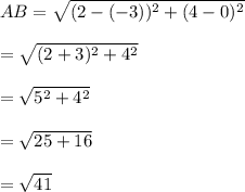 AB=\sqrt{(2-(-3))^2+(4-0)^2}\\\\ =\sqrt{(2+3)^2+4^2}\\\\ =\sqrt{5^2+4^2} \\\\=\sqrt{25+16}\\\\ =\sqrt{41}\\