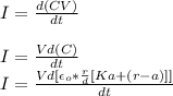 I=\frac{d(CV)}{dt} \\\\I=\frac{Vd(C)}{dt} \\I=\frac{Vd[\epsilon_o*\frac{r}{d} [Ka+ (r-a)]]}{dt} \\