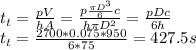 t_{t} =\frac{pV}{hA} =\frac{p\frac{\pi D^{3} }{6} c}{h\pi D^{2} } =\frac{pDc}{6h} \\t_{t}=\frac{2700*0.075*950}{6*75} =427.5s