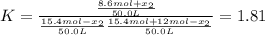 K=\frac{\frac{8.6mol+x_2}{50.0L} }{\frac{15.4mol-x_2}{50.0L}\frac{15.4mol+12mol-x_2}{50.0L}} =1.81