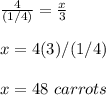 \frac{4}{(1/4)}=\frac{x}{3}\\\\x=4(3)/(1/4)\\\\x=48\ carrots