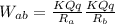 W_{ab} = \frac{K Q q}{R_{a} }  \frac{K Q q}{R_{b} }